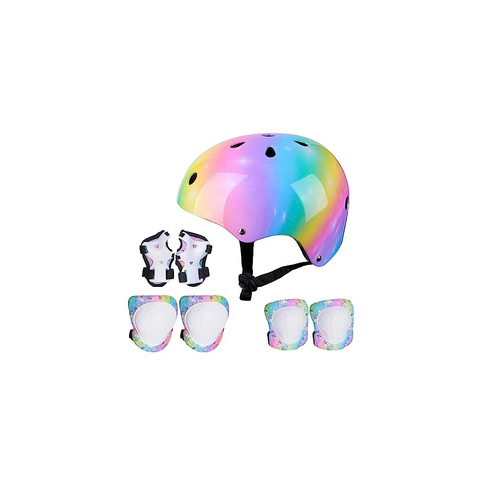Basumee Kids Helmet and Pads Set Age 3-8 Years Kids Skateboard Helmet Knee Pads Elbow Pads Wrist Pads for Roller Scooter Cycling Skating, Rainbow
