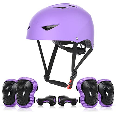 ValueTalks Kids Helmet and Pads Set Age 5-15 Years Kids Skateboard Helmet Knee Pads Elbow Pads Wrist Pads for Roller Scooter Cycling Skating (Purple)