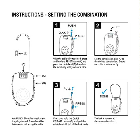 Lifeventure Cable Lock Luggage Lock With 90cm Retractable Steel Cable Shackle Mini 4 Digit Code Combination Lock For Suitcases, Bike, Ski, Snowboard, Pushchair And Stroller,Black
