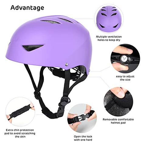 ValueTalks Kids Helmet and Pads Set Age 5-15 Years Kids Skateboard Helmet Knee Pads Elbow Pads Wrist Pads for Roller Scooter Cycling Skating (Purple)