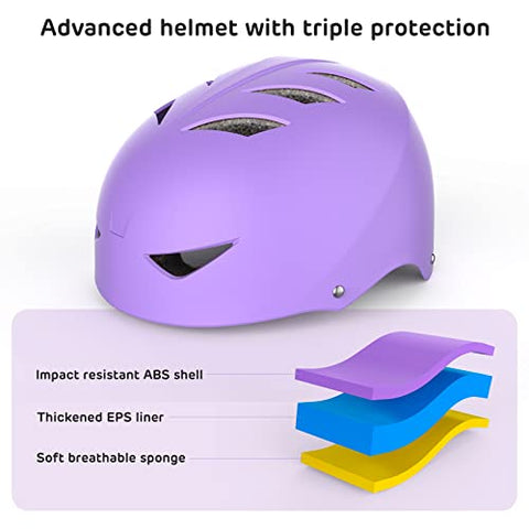 ValueTalks Kids Helmet and Pads Set Age 5-15 Years Kids Skateboard Helmet Knee Pads Elbow Pads Wrist Pads for Roller Scooter Cycling Skating (Purple)