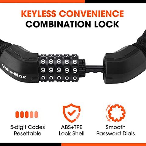 ValueMax Bike Chain Lock, 8mm*1m Heavy Duty Chain Lock with 5-Digit Resettable Codes, High Security Chain and Lock Combination Anti-Theft for Bicycle, Motorcycle, Electric Vehicle, Front Door, Scooter