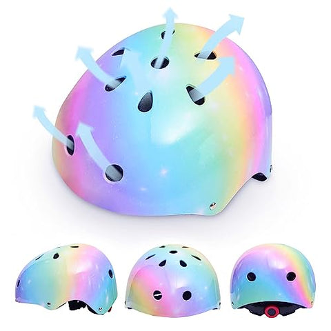 Basumee Kids Helmet and Pads Set Age 3-8 Years Kids Skateboard Helmet Knee Pads Elbow Pads Wrist Pads for Roller Scooter Cycling Skating, Rainbow