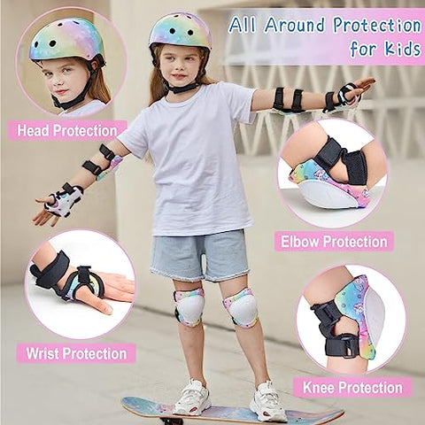 Basumee Kids Helmet and Pads Set Age 3-8 Years Kids Skateboard Helmet Knee Pads Elbow Pads Wrist Pads for Roller Scooter Cycling Skating, Rainbow