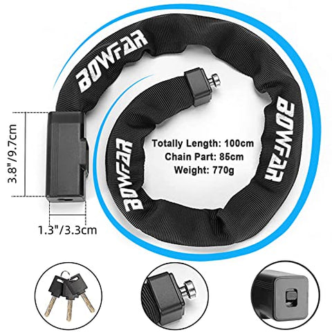 Bowfar Bike Lock, 100cm Anti-Theft Bicycle Lock with 3 Keys, Bike Locks Security Level 7, Heavy Duty Chain Lock for Bike, Bicycle, Motorcycle, Scooter, Door, Gate, Fence