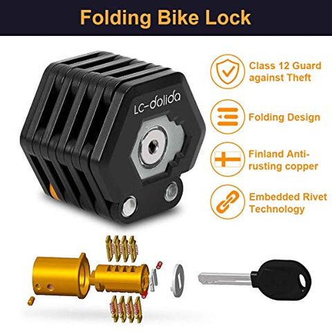 Folding Bike Lock - Heavy Duty Bicycle High Security Chain Alloy Steel Anti-Theft Cycling Locks Foldable| Unfolds to 85cm / 33.5” | Weight 1.76lb for Electric Motorcycle Mountain Bike Road Bike