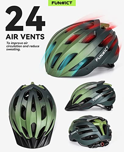 FUNWICT Mtb Mountain & Road Bike Helmet for Adult Men Women, Lightweight Cycle Helmet with Detachable Sun Visor, Adjustable Bicycle Helmet for Cycling (L: 22.4-24 inches, Dark Green)
