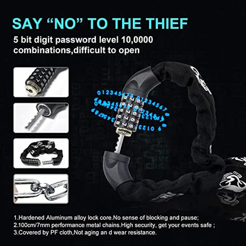 Bike Lock Chain Bicycle Lock - Cycle Lock Bike Accessories Bike Locks High Security 5 Digit Codes Combination Heavy Duty 1000mm for Motor Scooter