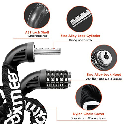 Looxmeer Bike Lock, Heavy Duty Bicycle Lock, 90cm High Security Chain Lock, Combination Lock with 5-Digit Codes, 100,000 Resettable Codes, Strengthened Lock for Bicycle, Motorcycle, Scooter, Door