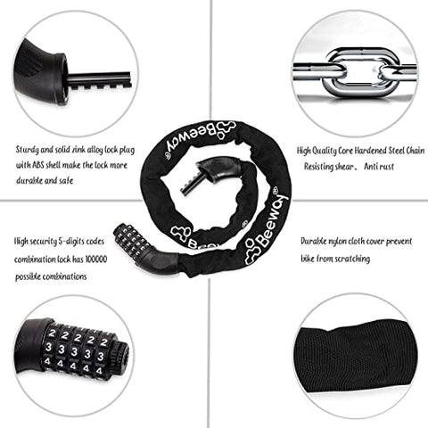 Bike Chain Lock, Heavy Duty 5-Digits Codes High Security Cycling Combination Lock for Bicycle Motorcycle Scooter Electric Vehicles Door (Black)