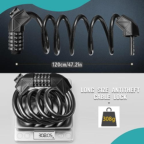 Bike Lock, Bicycle Lock Combination 5 Digit 120cm/12mm Long Heavy Duty Cable Lock High Security for Bike, Motorcycles, Scooters, Door Gate
