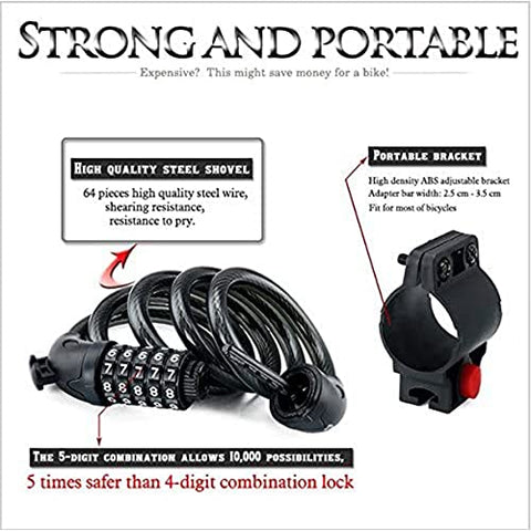 Bike Lock, GoFriend Bicycle Lock High Security 5 Digit Resettable Combination Coiling Cable Lock Best for Bicycle Outdoors, 1.2mx12mm (Black)