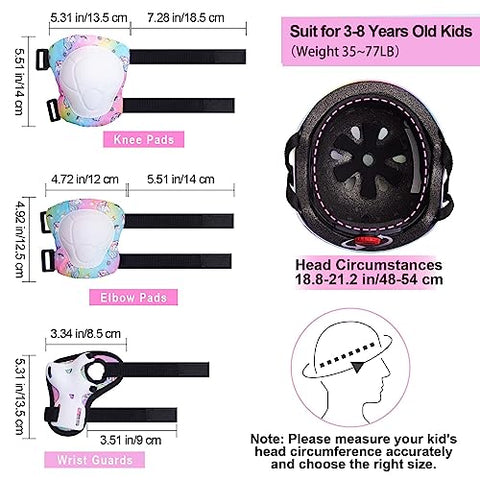 Basumee Kids Helmet and Pads Set Age 3-8 Years Kids Skateboard Helmet Knee Pads Elbow Pads Wrist Pads for Roller Scooter Cycling Skating, Rainbow