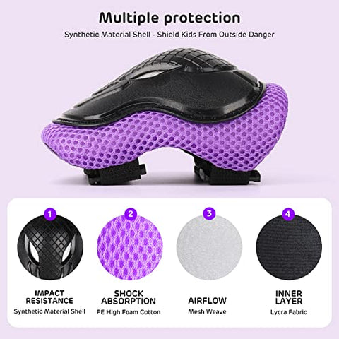 ValueTalks Kids Helmet and Pads Set Age 5-15 Years Kids Skateboard Helmet Knee Pads Elbow Pads Wrist Pads for Roller Scooter Cycling Skating (Purple)