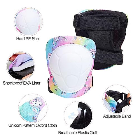 Basumee Kids Helmet and Pads Set Age 3-8 Years Kids Skateboard Helmet Knee Pads Elbow Pads Wrist Pads for Roller Scooter Cycling Skating, Rainbow