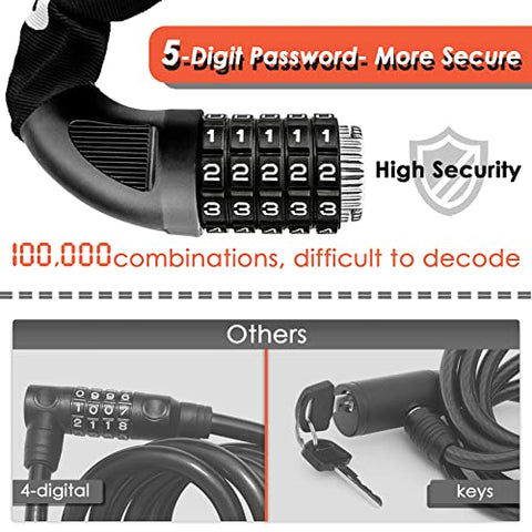 Looxmeer Bike Lock, Heavy Duty Bicycle Lock, 90cm High Security Chain Lock, Combination Lock with 5-Digit Codes, 100,000 Resettable Codes, Strengthened Lock for Bicycle, Motorcycle, Scooter, Door
