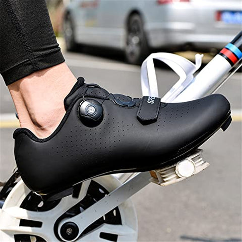 Cycling Shoes for Mens Womens Indoor Peloton Road Bike Shoes Included Cleats Clip Compatible Look Delta and SPD Lock Pedal All Black Size UK 10