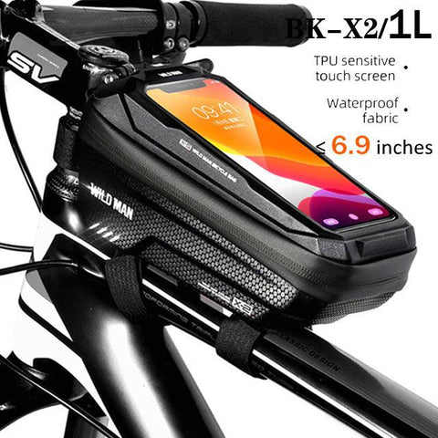 WILD MAN Bike Bag 2L Frame Front Tube Cycling Bag Bicycle Waterproof Phone Case Holder 7.4 Inches Touch Screen Bag Accessories