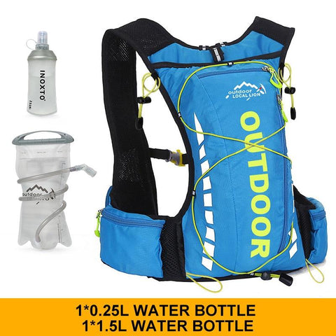 Cycling backpack for men and women, nylon bag, waterproof 8 liters, hiking and camping, 250ml water bottle with 1.5L water bag