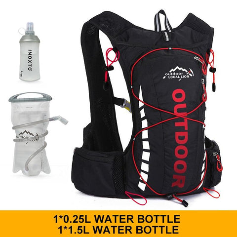 Cycling backpack for men and women, nylon bag, waterproof 8 liters, hiking and camping, 250ml water bottle with 1.5L water bag