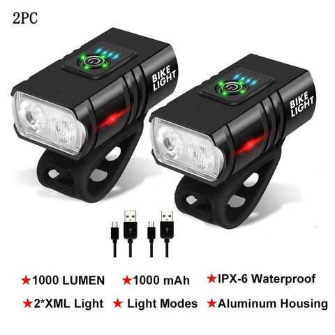NEW LED Bicycle Light 1000LM USB Rechargeable Power Display MTB Mountain Road Bike Front Lamp Flashlight Cycling Equipment