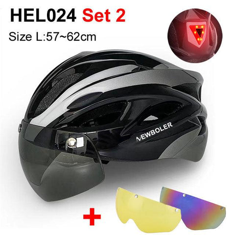 NEWBOLER Cycling Helmet Man Women LED Light Helmet Road Mountain Bike Helmet Removable Lens Riding Bicycle Helmet With Goggles