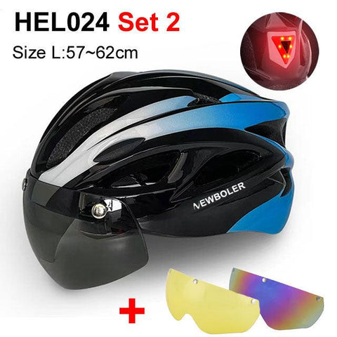 NEWBOLER Cycling Helmet Man Women LED Light Helmet Road Mountain Bike Helmet Removable Lens Riding Bicycle Helmet With Goggles