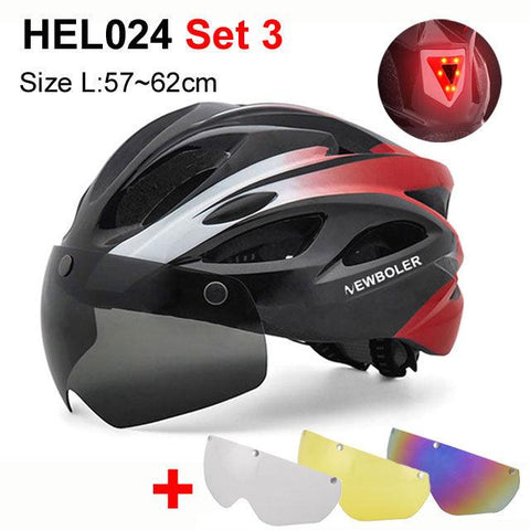 NEWBOLER Cycling Helmet Man Women LED Light Helmet Road Mountain Bike Helmet Removable Lens Riding Bicycle Helmet With Goggles