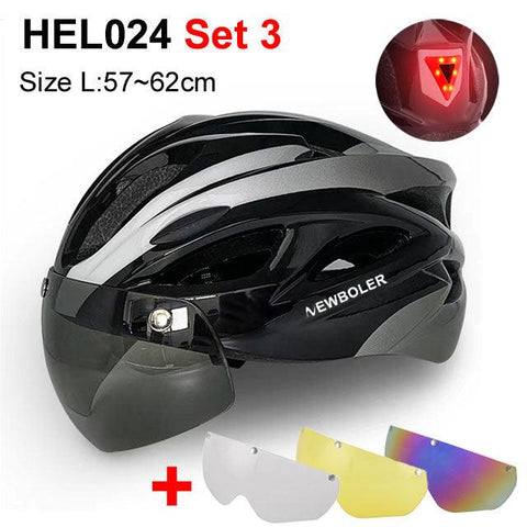 NEWBOLER Cycling Helmet Man Women LED Light Helmet Road Mountain Bike Helmet Removable Lens Riding Bicycle Helmet With Goggles