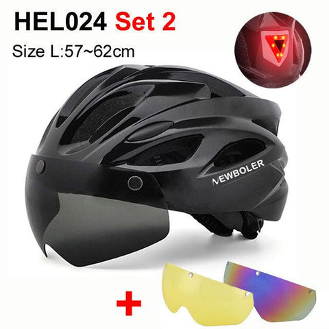 NEWBOLER Cycling Helmet Man Women LED Light Helmet Road Mountain Bike Helmet Removable Lens Riding Bicycle Helmet With Goggles