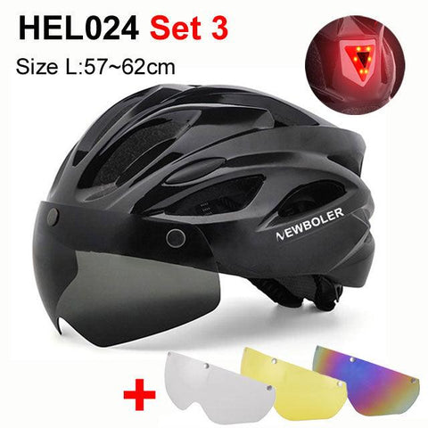 NEWBOLER Cycling Helmet Man Women LED Light Helmet Road Mountain Bike Helmet Removable Lens Riding Bicycle Helmet With Goggles