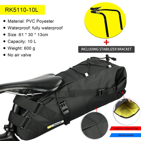 Rhinowalk Waterproof Bicycle Saddle Bag Or Stabilizer Bracket 10L-13L Large Capacity Tail Rear Bike Bag Cycling MTB Trunk