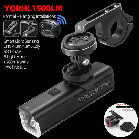 ROCKBROS Bike Front Light 1500LM 5000mAH Battery Bicycle Light Aluminum Smart Sense LED Lamp Flashlight Cycling Headlight