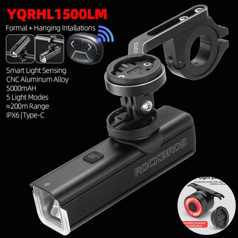 ROCKBROS Bike Front Light 1500LM 5000mAH Battery Bicycle Light Aluminum Smart Sense LED Lamp Flashlight Cycling Headlight