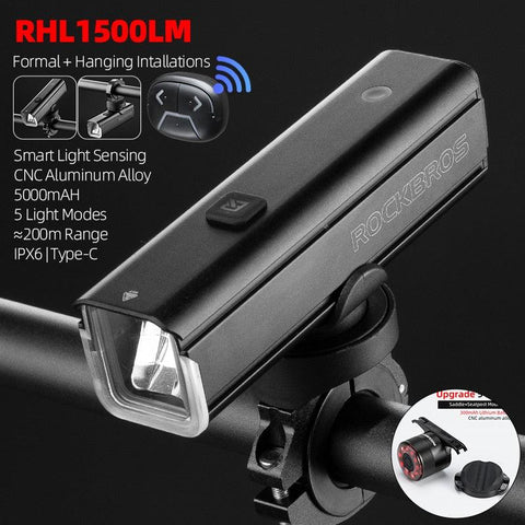 ROCKBROS Bike Front Light 1500LM 5000mAH Battery Bicycle Light Aluminum Smart Sense LED Lamp Flashlight Cycling Headlight