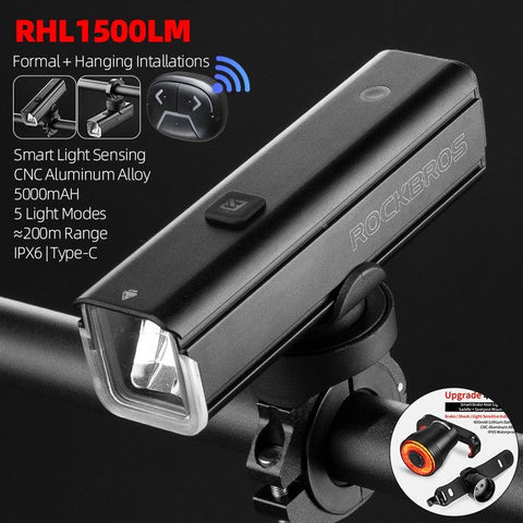 ROCKBROS Bike Front Light 1500LM 5000mAH Battery Bicycle Light Aluminum Smart Sense LED Lamp Flashlight Cycling Headlight