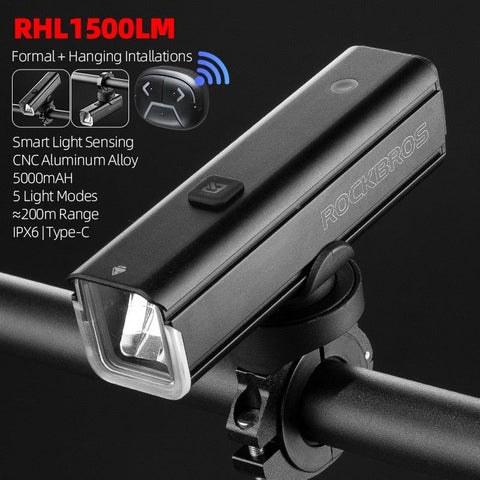 ROCKBROS Bike Front Light 1500LM 5000mAH Battery Bicycle Light Aluminum Smart Sense LED Lamp Flashlight Cycling Headlight