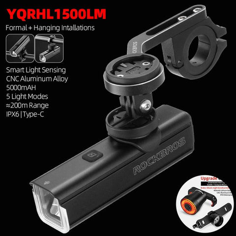 ROCKBROS Bike Front Light 1500LM 5000mAH Battery Bicycle Light Aluminum Smart Sense LED Lamp Flashlight Cycling Headlight
