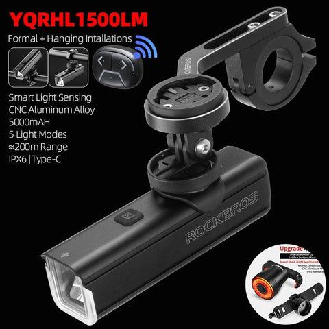 ROCKBROS Bike Front Light 1500LM 5000mAH Battery Bicycle Light Aluminum Smart Sense LED Lamp Flashlight Cycling Headlight