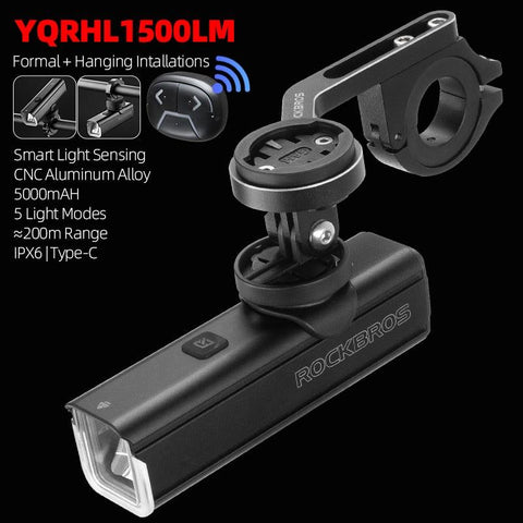 ROCKBROS Bike Front Light 1500LM 5000mAH Battery Bicycle Light Aluminum Smart Sense LED Lamp Flashlight Cycling Headlight