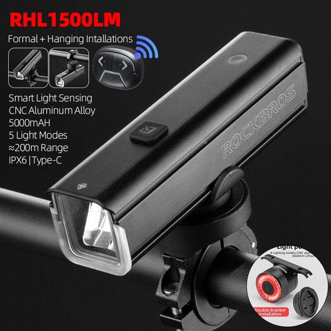 ROCKBROS Bike Front Light 1500LM 5000mAH Battery Bicycle Light Aluminum Smart Sense LED Lamp Flashlight Cycling Headlight