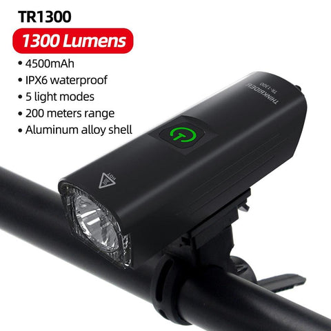 ThinkRider Bike Light 1300Lumen 4500mAh Bicycle Headlight Flashlight Handlebar USB Charging MTB Road Cycling Highligh