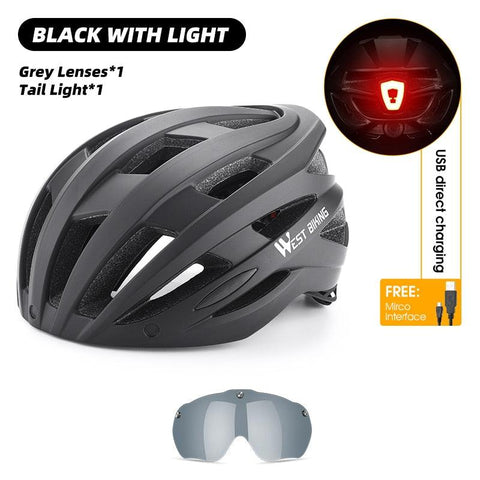 WEST BIKING Men Women Cycling Helmet With Taillight Goggles Sun Visor Lens Bicycle Helmet MTB Road Bike E-Bike Motorcycle Helmet