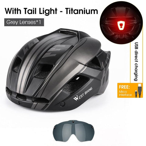 WEST BIKING Men Women Cycling Helmet With Taillight Goggles Sun Visor Lens Bicycle Helmet MTB Road Bike E-Bike Motorcycle Helmet