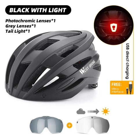 WEST BIKING Men Women Cycling Helmet With Taillight Goggles Sun Visor Lens Bicycle Helmet MTB Road Bike E-Bike Motorcycle Helmet