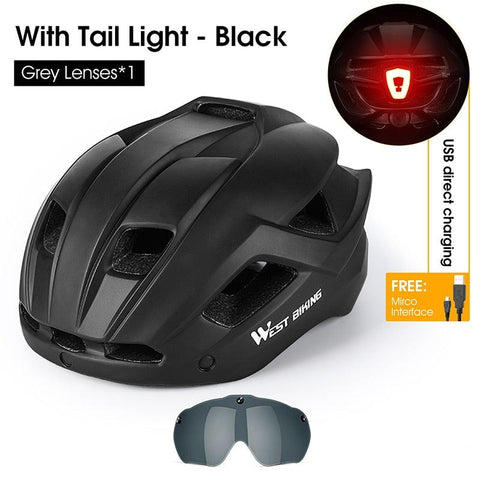 WEST BIKING Men Women Cycling Helmet With Taillight Goggles Sun Visor Lens Bicycle Helmet MTB Road Bike E-Bike Motorcycle Helmet