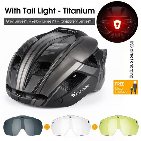 WEST BIKING Men Women Cycling Helmet With Taillight Goggles Sun Visor Lens Bicycle Helmet MTB Road Bike E-Bike Motorcycle Helmet
