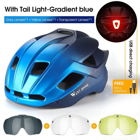 WEST BIKING Men Women Cycling Helmet With Taillight Goggles Sun Visor Lens Bicycle Helmet MTB Road Bike E-Bike Motorcycle Helmet
