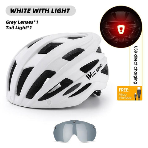 WEST BIKING Men Women Cycling Helmet With Taillight Goggles Sun Visor Lens Bicycle Helmet MTB Road Bike E-Bike Motorcycle Helmet