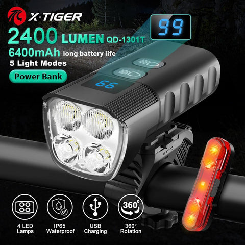 X-Tiger Bike Light Headlight Bicycle Lamp With Power Bank Rechargeable LED 5200mAh MTB Bicycle Light Flashlight Bike Accessories